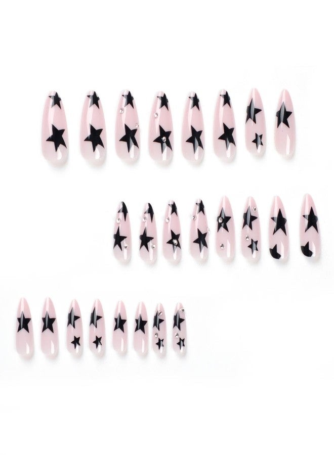 Maigitur Black Star Press on Nails Medium Almond Fake Nails with Design Rhinestone Stick on Nails Acrylic Nail Star False Nail Glossy Natural Nude Glue on Nail for Women Girls Manicure 24Pcs… - Image 2